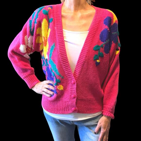 Vintage 80s Jaclyn Smith Hot Pink Floral Statement Cardigan Sweater Knit Small - Picture 11 of 12
